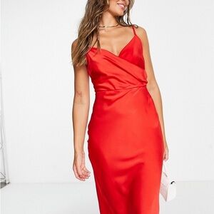 Elegant Red Satin Midi Dress - Size 12